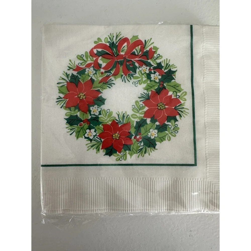 Vtg Christmas Napkins Paper Poinsettia Wreath Dinner Size 13.5